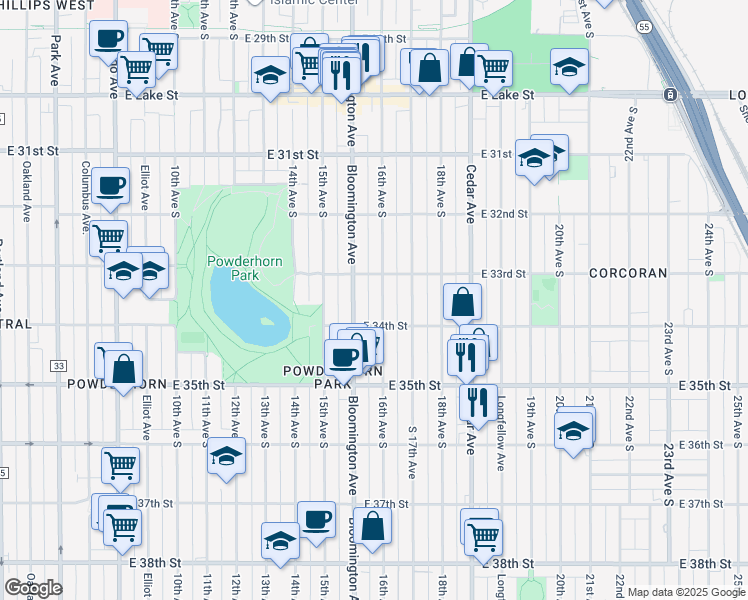 map of restaurants, bars, coffee shops, grocery stores, and more near 3347 Bloomington Avenue in Minneapolis