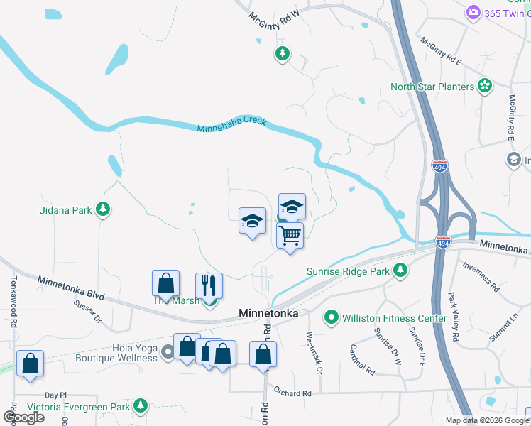 map of restaurants, bars, coffee shops, grocery stores, and more near 3401 Williston Road in Minnetonka