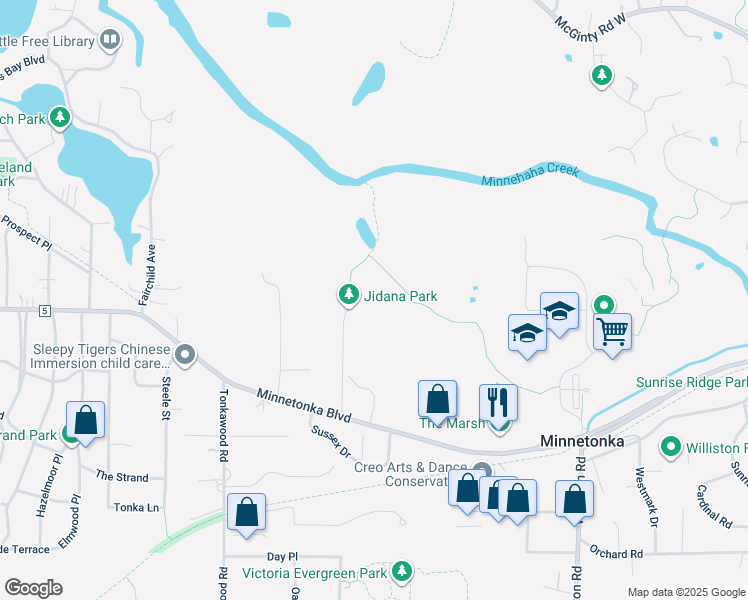map of restaurants, bars, coffee shops, grocery stores, and more near 3337 Jidana Lane in Minnetonka