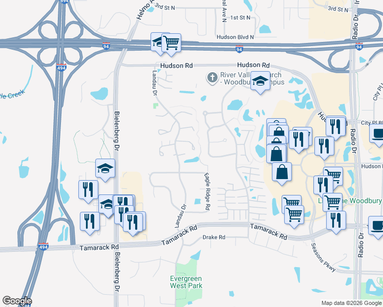 map of restaurants, bars, coffee shops, grocery stores, and more near 351 Elan Court in Woodbury