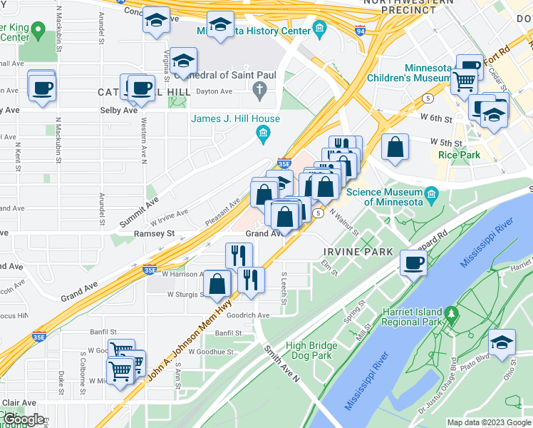 map of restaurants, bars, coffee shops, grocery stores, and more near 345 Smith Avenue North in Saint Paul