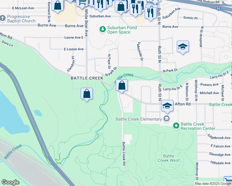 map of restaurants, bars, coffee shops, grocery stores, and more near 3 Battle Creek Road in Saint Paul