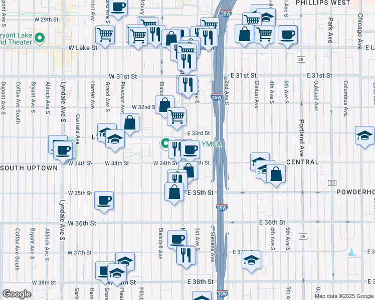 map of restaurants, bars, coffee shops, grocery stores, and more near 6 East 34th Street in Minneapolis
