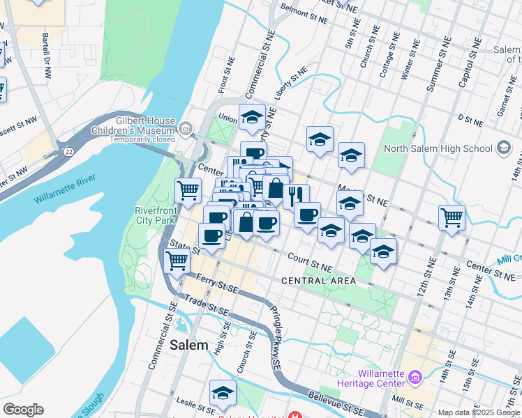 map of restaurants, bars, coffee shops, grocery stores, and more near 555 Court Street Northeast in Salem