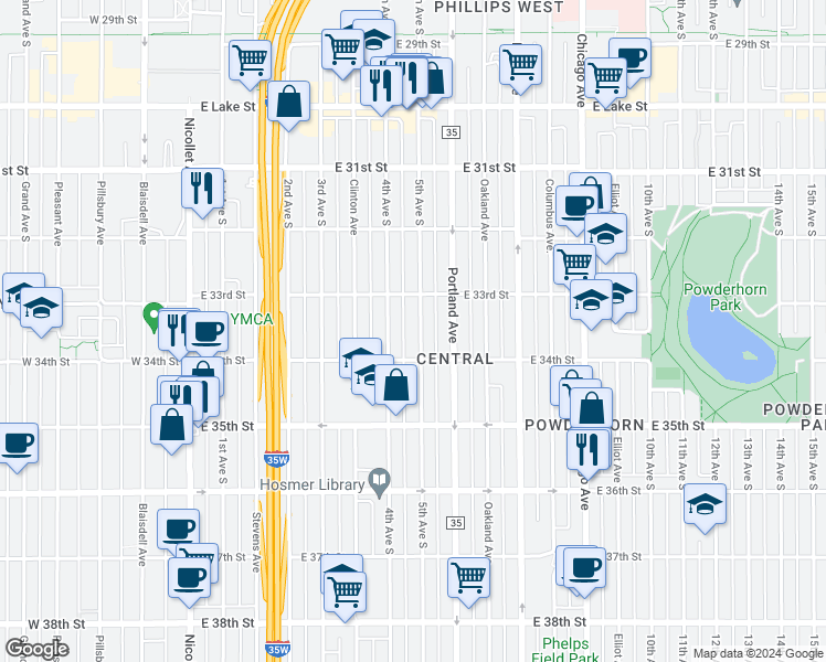 map of restaurants, bars, coffee shops, grocery stores, and more near 3328 5th Avenue South in Minneapolis