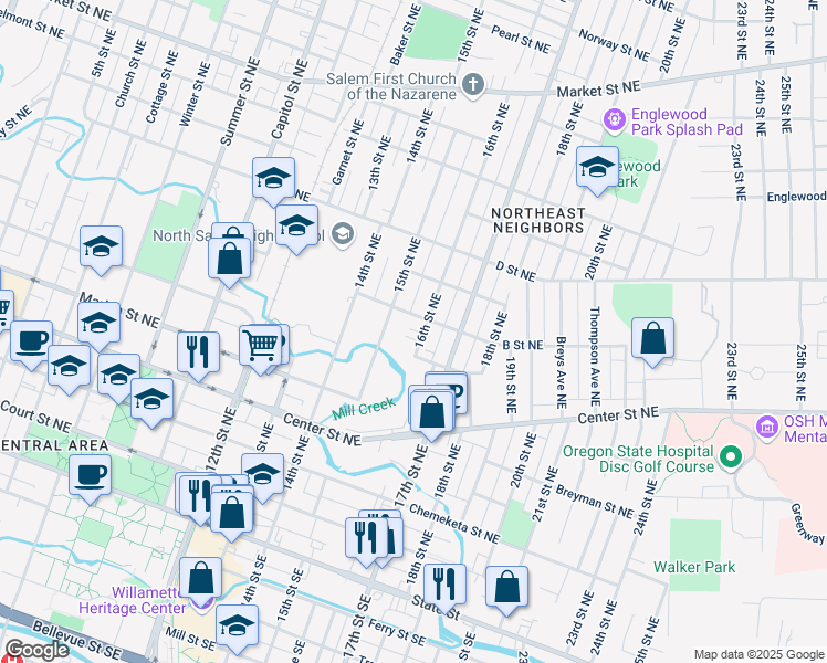 map of restaurants, bars, coffee shops, grocery stores, and more near 665 16th Street Northeast in Salem