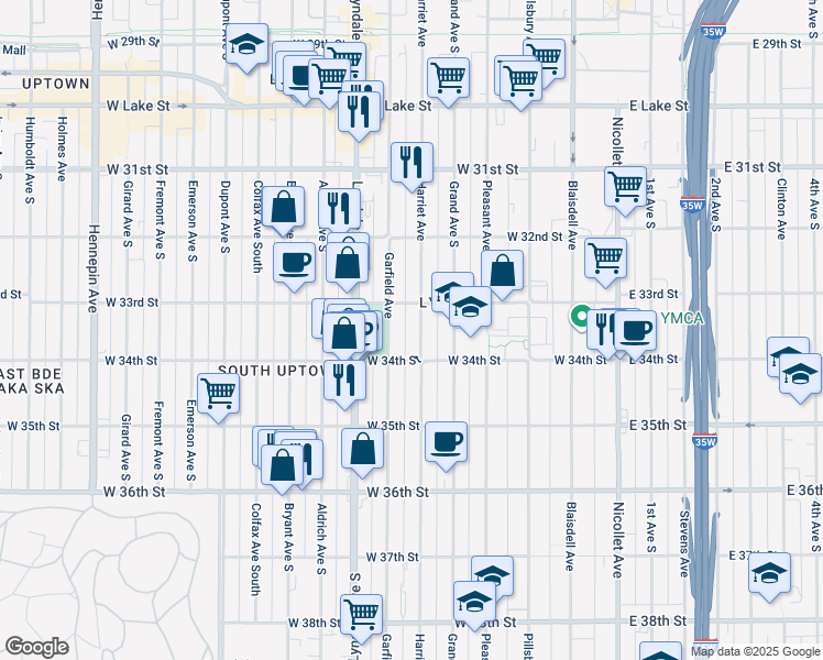 map of restaurants, bars, coffee shops, grocery stores, and more near 516 West 34th Street in Minneapolis