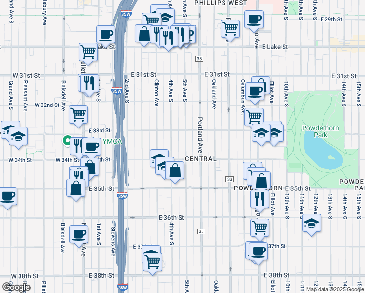map of restaurants, bars, coffee shops, grocery stores, and more near 3328 5th Avenue South in Minneapolis
