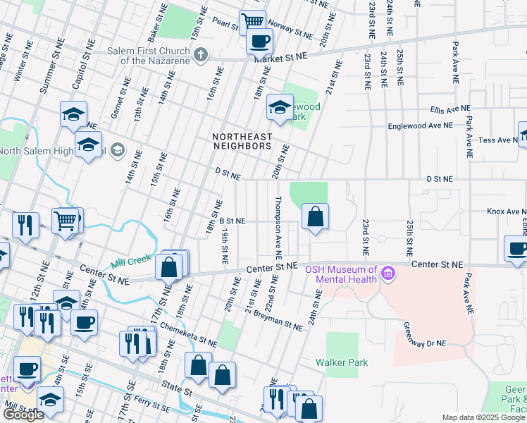 map of restaurants, bars, coffee shops, grocery stores, and more near 695 Thompson Avenue Northeast in Salem