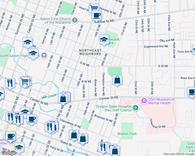 map of restaurants, bars, coffee shops, grocery stores, and more near 695 Thompson Avenue Northeast in Salem