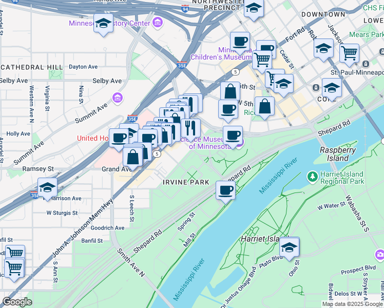 map of restaurants, bars, coffee shops, grocery stores, and more near 1 Irvine Park in Saint Paul