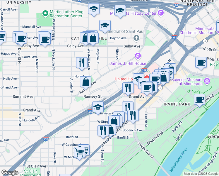 map of restaurants, bars, coffee shops, grocery stores, and more near 350 Grand Avenue in Saint Paul