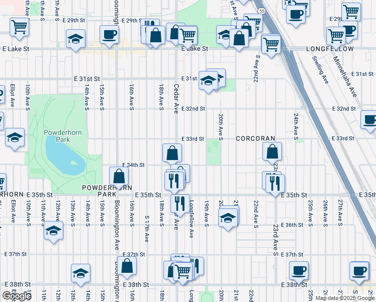 map of restaurants, bars, coffee shops, grocery stores, and more near 3337 Longfellow Avenue in Minneapolis