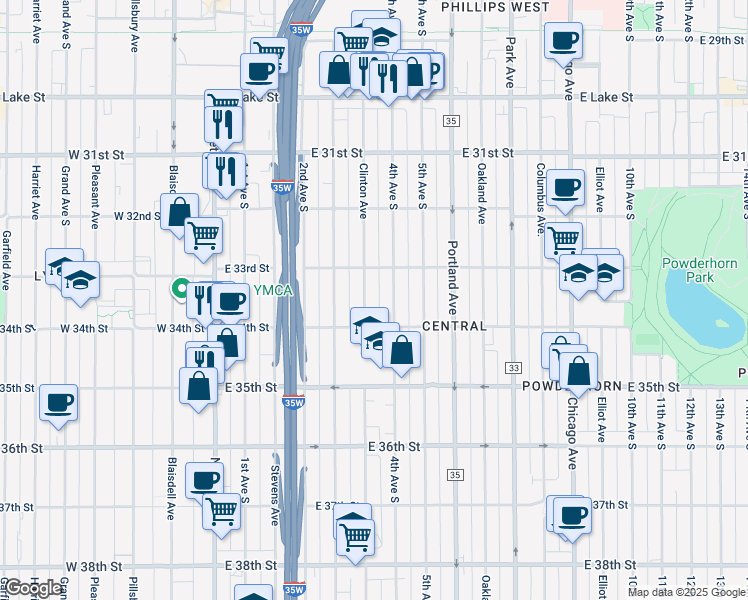 map of restaurants, bars, coffee shops, grocery stores, and more near 326 East 34th Street in Minneapolis
