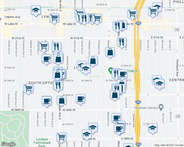 map of restaurants, bars, coffee shops, grocery stores, and more near 211 West 34th Street in Minneapolis