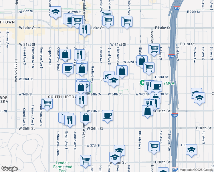 map of restaurants, bars, coffee shops, grocery stores, and more near in Minneapolis