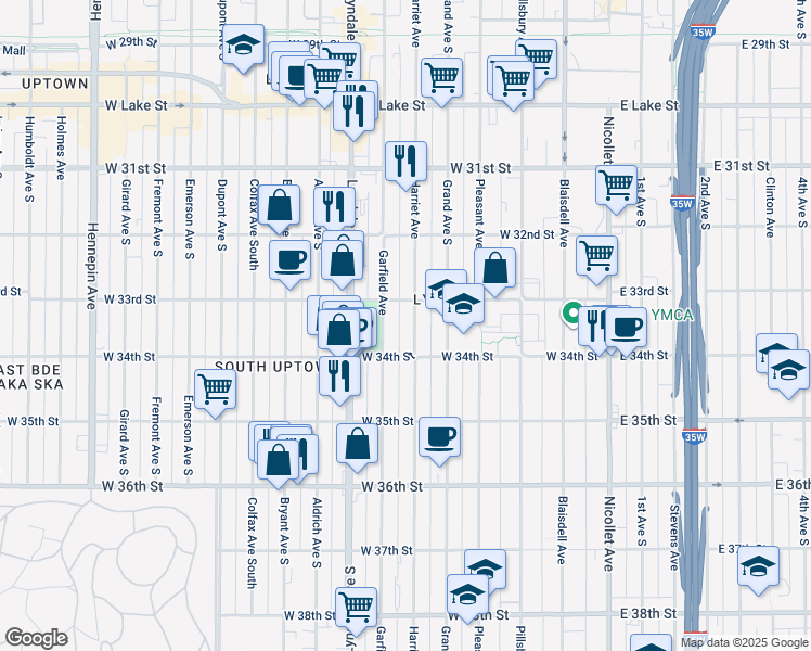 map of restaurants, bars, coffee shops, grocery stores, and more near 516 West 34th Street in Minneapolis