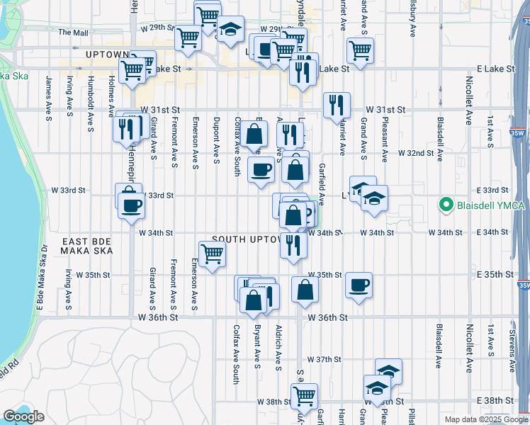 map of restaurants, bars, coffee shops, grocery stores, and more near in Minneapolis