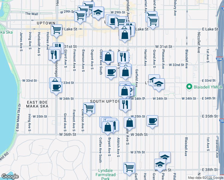 map of restaurants, bars, coffee shops, grocery stores, and more near in Minneapolis