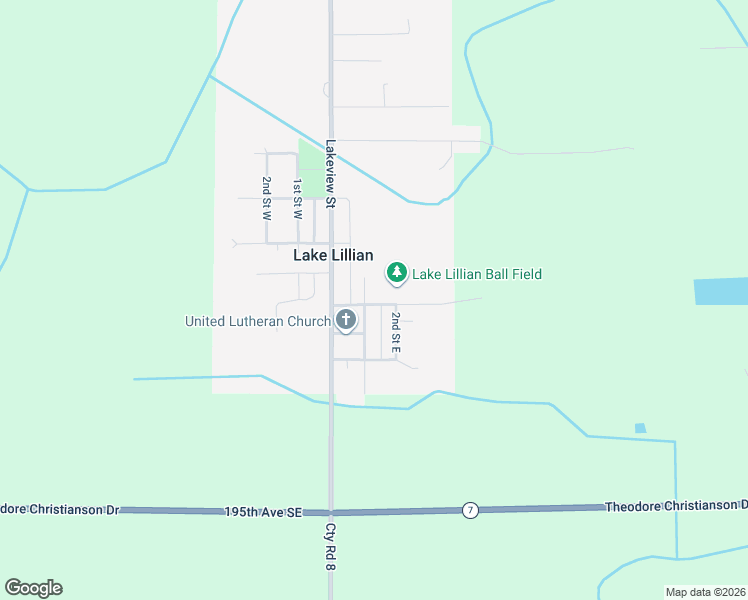 map of restaurants, bars, coffee shops, grocery stores, and more near 761 1st Street West in Lake Lillian