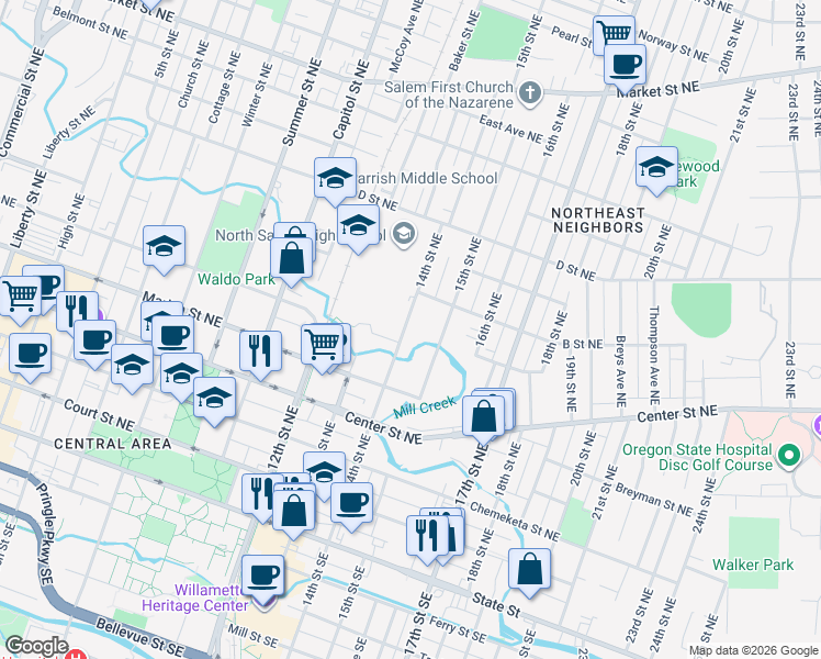 map of restaurants, bars, coffee shops, grocery stores, and more near 650 14th Street Northeast in Salem
