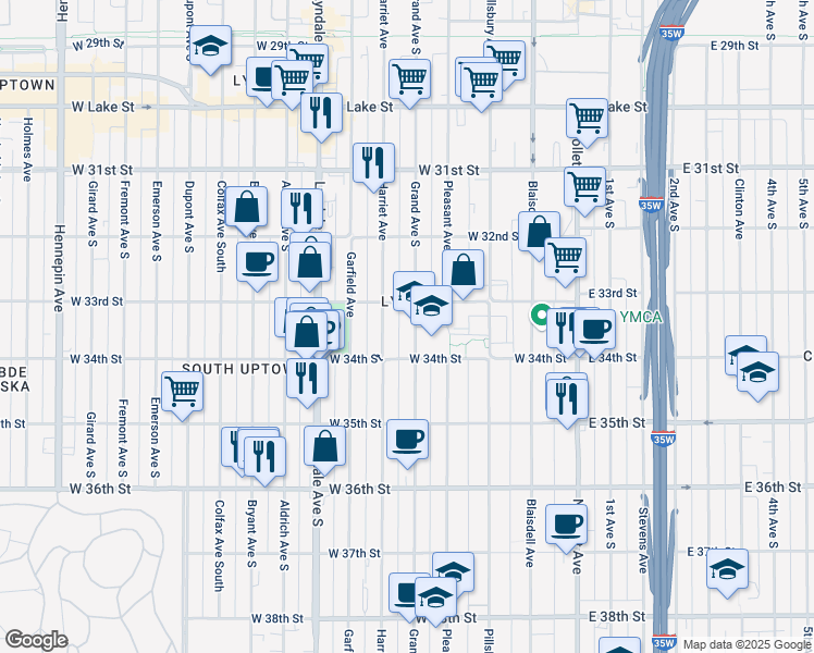 map of restaurants, bars, coffee shops, grocery stores, and more near 3320 Grand Avenue South in Minneapolis