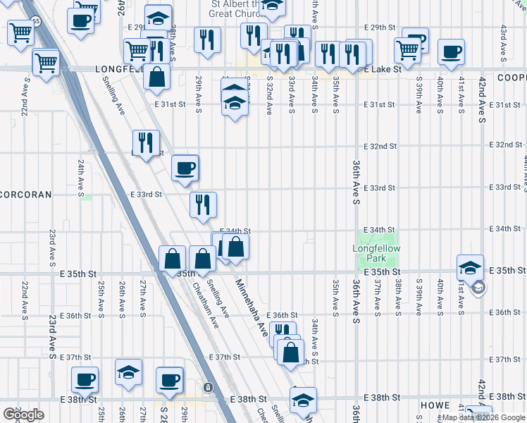 map of restaurants, bars, coffee shops, grocery stores, and more near 3353 South 31st Avenue in Minneapolis