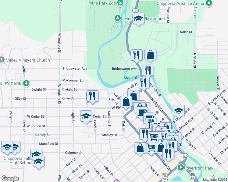 map of restaurants, bars, coffee shops, grocery stores, and more near 15 Park Place in Chippewa Falls