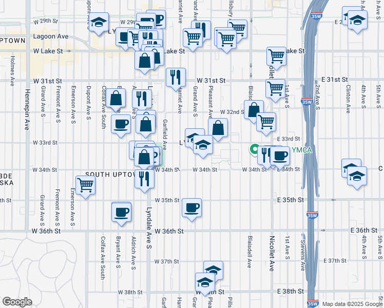 map of restaurants, bars, coffee shops, grocery stores, and more near 3320 Grand Avenue South in Minneapolis