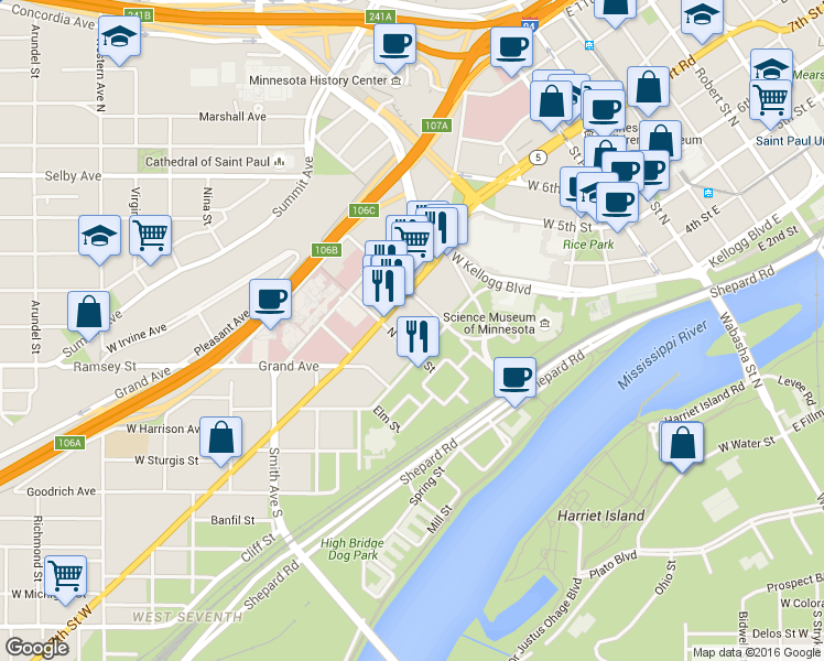 map of restaurants, bars, coffee shops, grocery stores, and more near 319 North Chestnut Street in Saint Paul