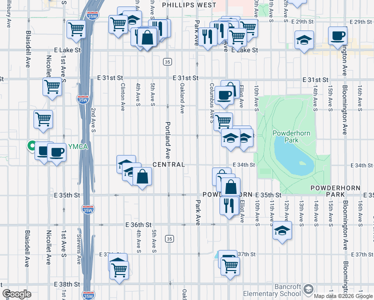 map of restaurants, bars, coffee shops, grocery stores, and more near 3300 Park Avenue in Minneapolis