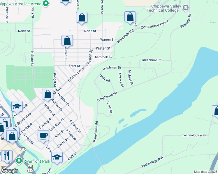 map of restaurants, bars, coffee shops, grocery stores, and more near 145 Marrs Street in Chippewa Falls