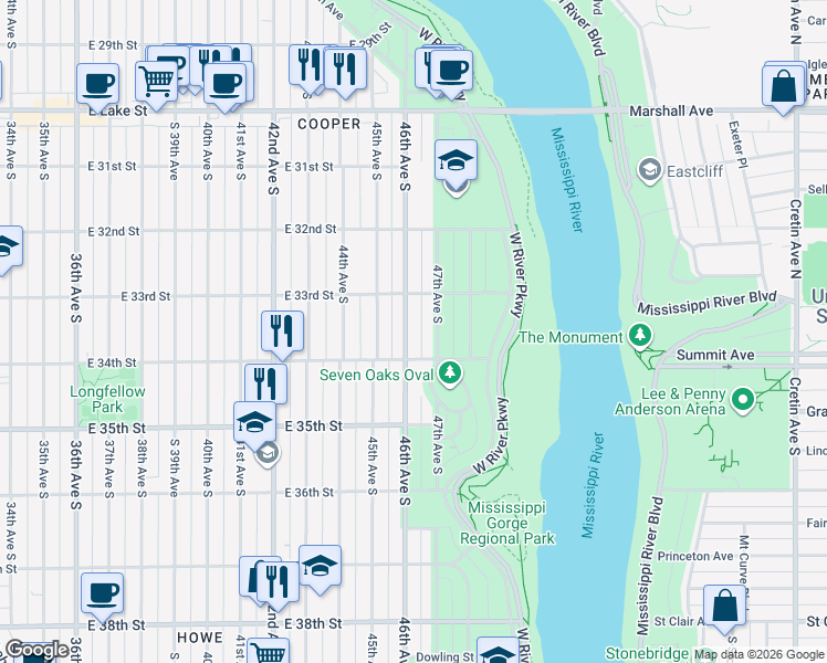 map of restaurants, bars, coffee shops, grocery stores, and more near 3308 47th Avenue South in Minneapolis