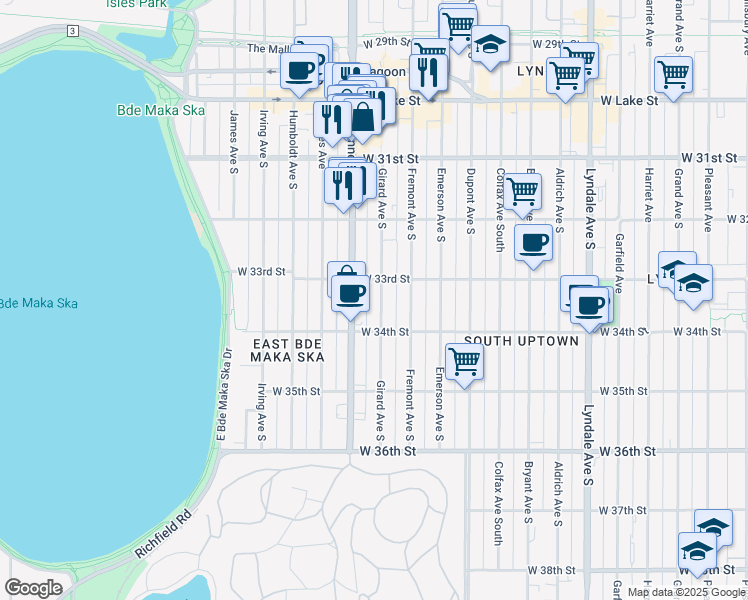 map of restaurants, bars, coffee shops, grocery stores, and more near 3253 Girard Avenue South in Minneapolis