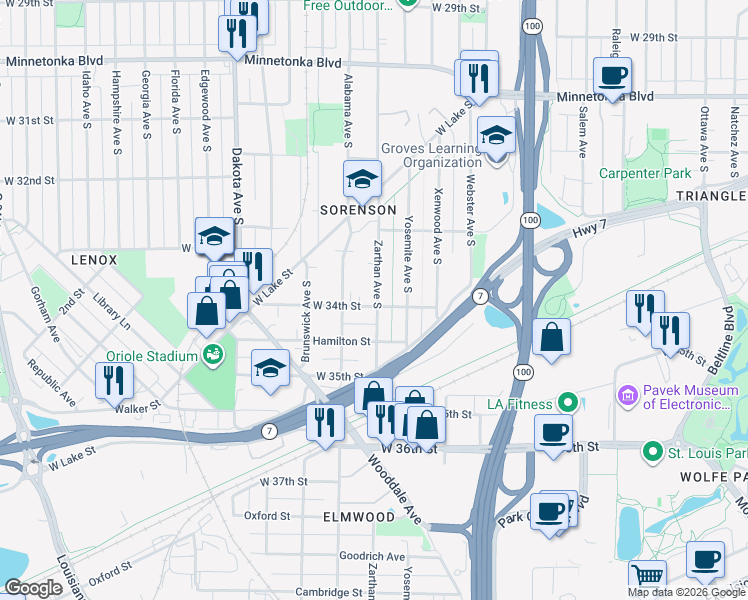 map of restaurants, bars, coffee shops, grocery stores, and more near 3349 Zarthan Avenue South in Minneapolis