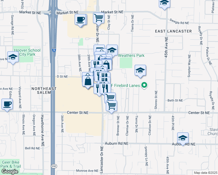 map of restaurants, bars, coffee shops, grocery stores, and more near 4045-4065 Earle Avenue Northeast in Salem