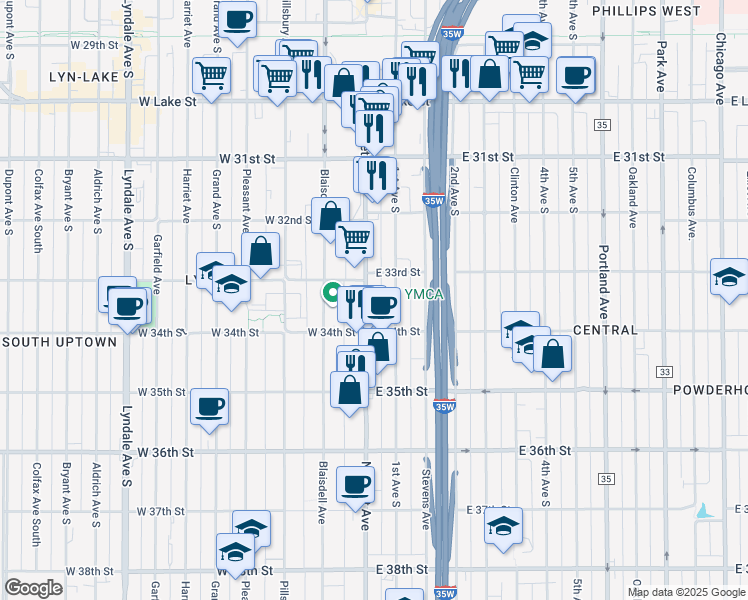 map of restaurants, bars, coffee shops, grocery stores, and more near 3325 Nicollet Avenue in Minneapolis