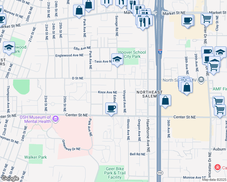 map of restaurants, bars, coffee shops, grocery stores, and more near 905 Edina Lane Northeast in Salem