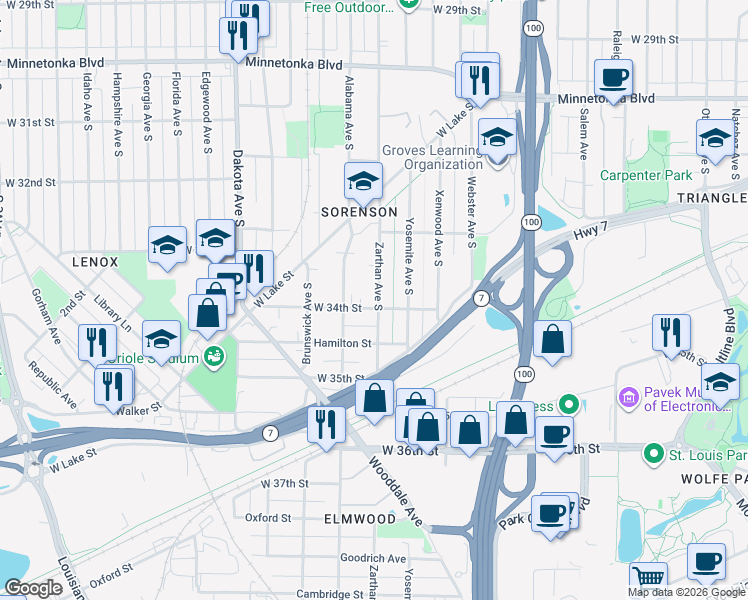 map of restaurants, bars, coffee shops, grocery stores, and more near 3349 Zarthan Avenue South in Minneapolis