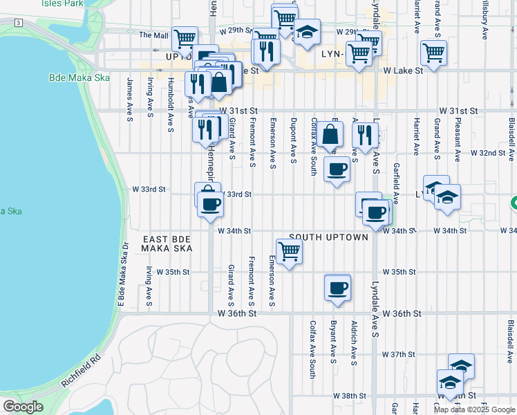 map of restaurants, bars, coffee shops, grocery stores, and more near 3253 Fremont Avenue South in Minneapolis
