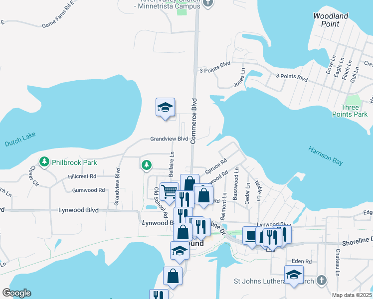map of restaurants, bars, coffee shops, grocery stores, and more near 5598 Sherwood Drive in Mound