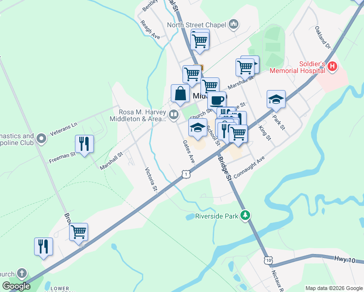 map of restaurants, bars, coffee shops, grocery stores, and more near 21 Gates Avenue in Middleton