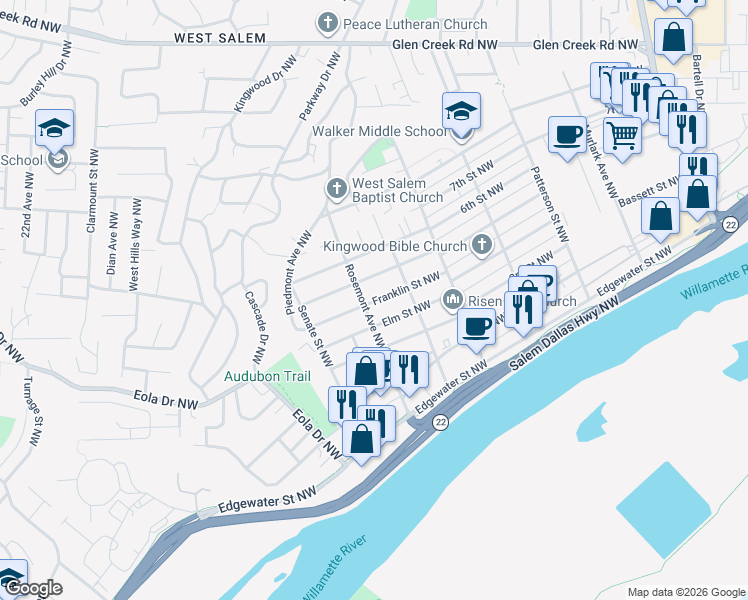 map of restaurants, bars, coffee shops, grocery stores, and more near 1377 Franklin Street Northwest in Salem