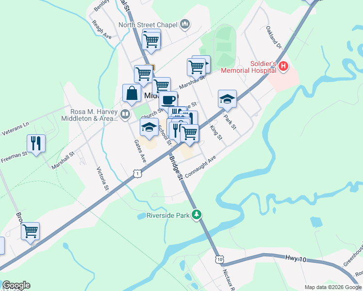 map of restaurants, bars, coffee shops, grocery stores, and more near 300 Main Street in Middleton