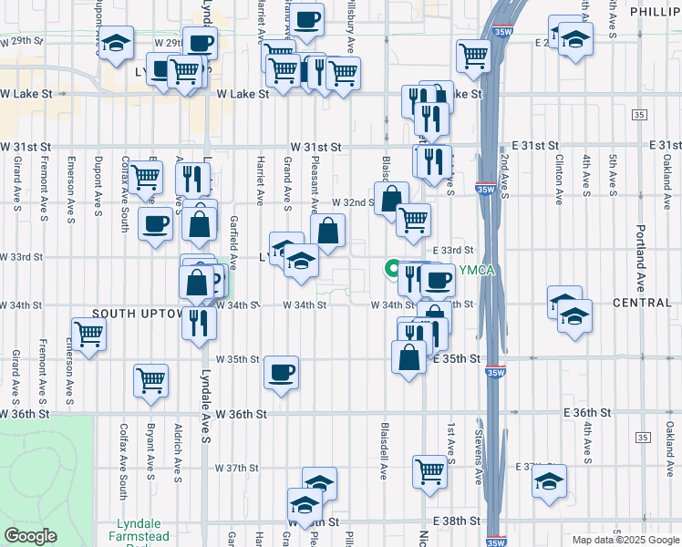 map of restaurants, bars, coffee shops, grocery stores, and more near 3312 Pillsbury Avenue in Minneapolis