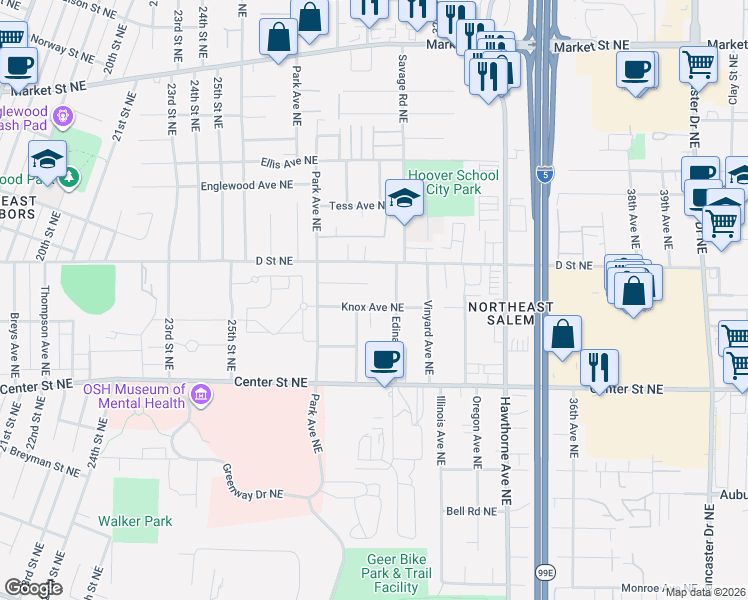 map of restaurants, bars, coffee shops, grocery stores, and more near 955 Edina Lane Northeast in Salem
