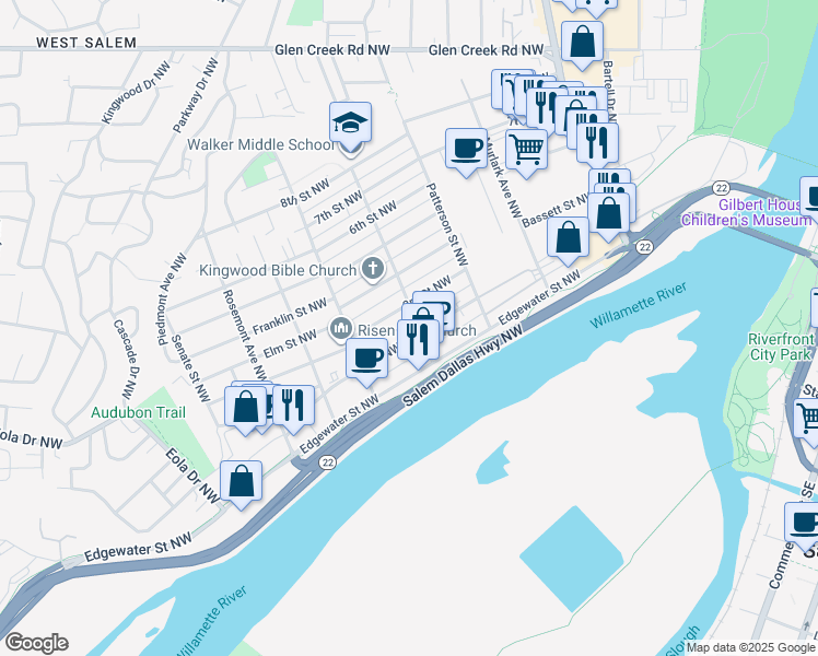 map of restaurants, bars, coffee shops, grocery stores, and more near 1090 3rd Street Northwest in Salem
