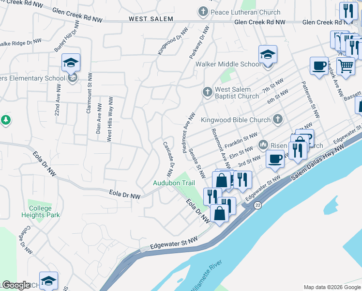 map of restaurants, bars, coffee shops, grocery stores, and more near 737 Piedmont Avenue Northwest in Salem