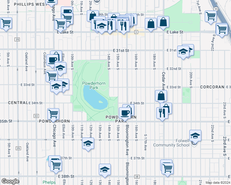 map of restaurants, bars, coffee shops, grocery stores, and more near 3255 South 15th Avenue in Minneapolis
