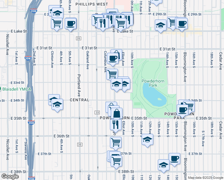 map of restaurants, bars, coffee shops, grocery stores, and more near in Minneapolis